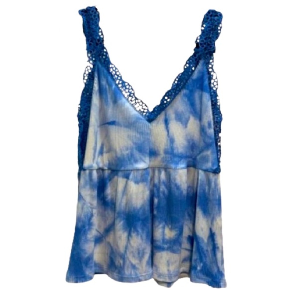 NWT Umgee Glenda Tie Dye Crochet Trim Tank Blue White Size M - Picture 9 of 9